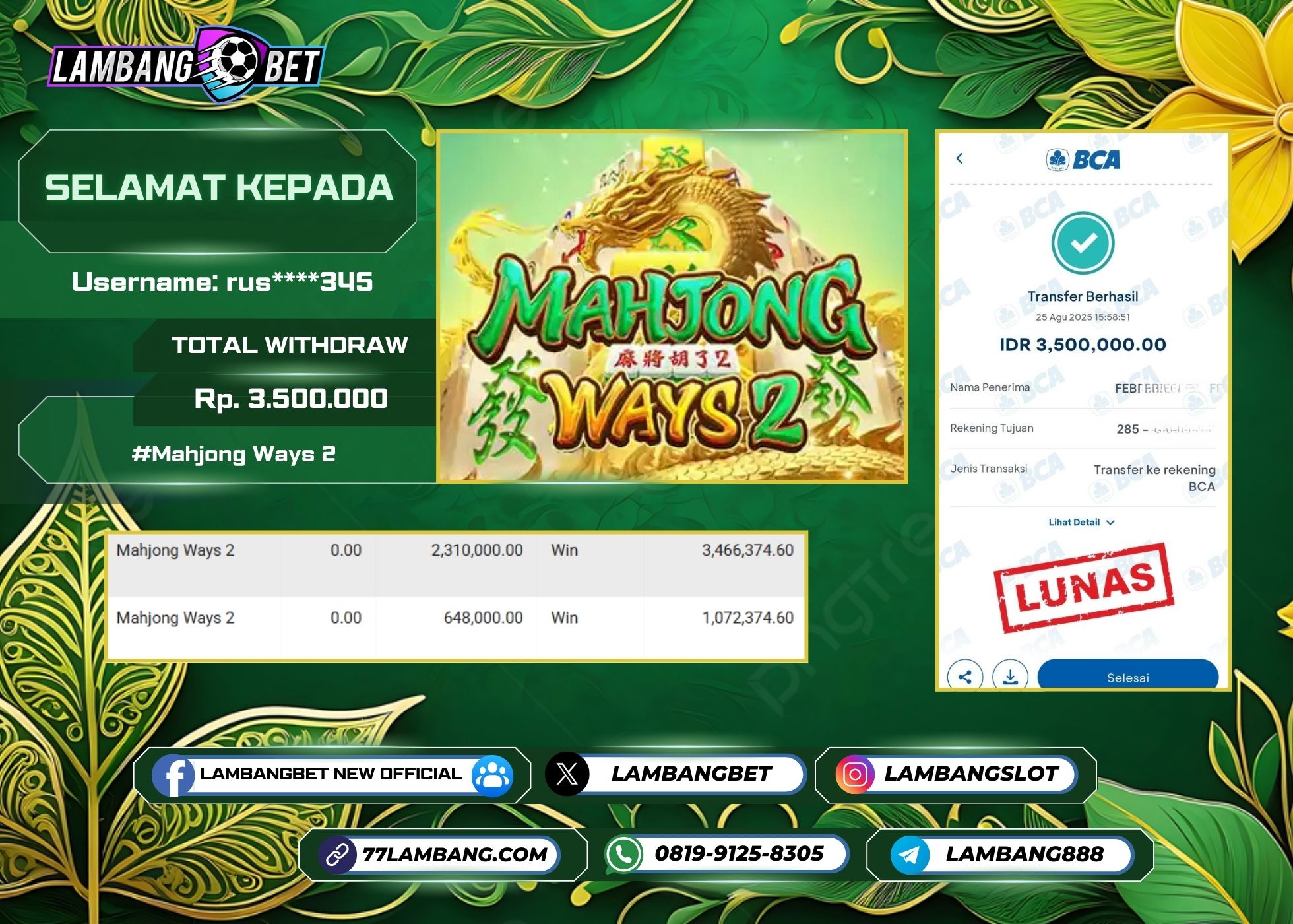 LAMBANGBET [25 AUGUST 2025] JACKPOT SLOT Mahjong Ways 2 "Rp3.500.000" LUNAS